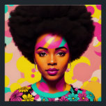 Colourful Black Woman Afro Pop Art Poster<br><div class="desc">This pop art style artwork features a beautiful black woman with a large afro,  70s aesthetic with some flower power and hoop earrings. A vibrant melanin beauty with natural hair in a bold,  multicolor digital art piece. Cyan,  magenta pink,  and yellow colour scheme with some peach.</div>