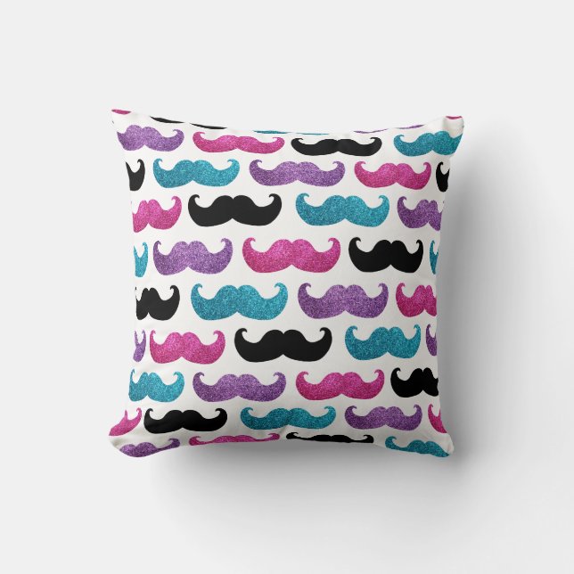 Colourful bling moustache pattern (Faux glitter) Cushion (Front)