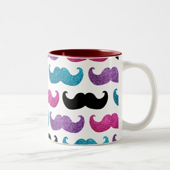 Colourful bling moustache pattern (Faux glitter) Two-Tone Coffee Mug (Right)