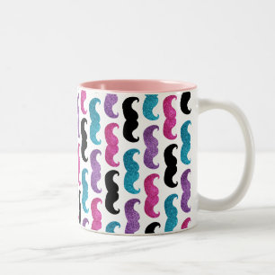 Colourful bling moustache pattern (Faux glitter) Two-Tone Coffee Mug