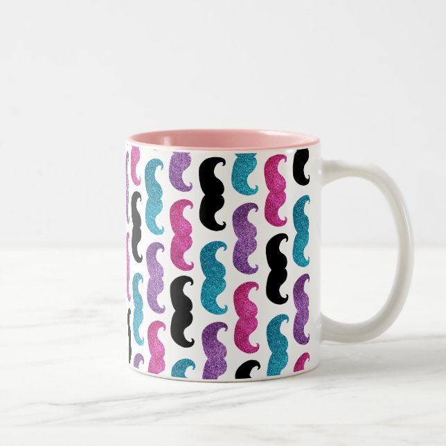 Colourful bling moustache pattern (Faux glitter) Two-Tone Coffee Mug (Right)