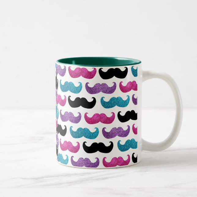 Colourful bling moustache pattern (Faux glitter) Two-Tone Coffee Mug (Right)