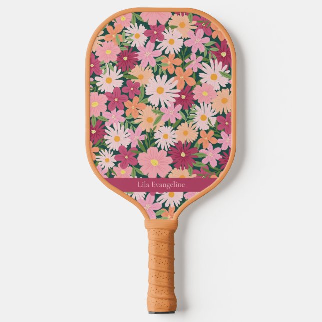 Colourful Bloom Flower Garden Custom Name Pickleball Paddle (Front)