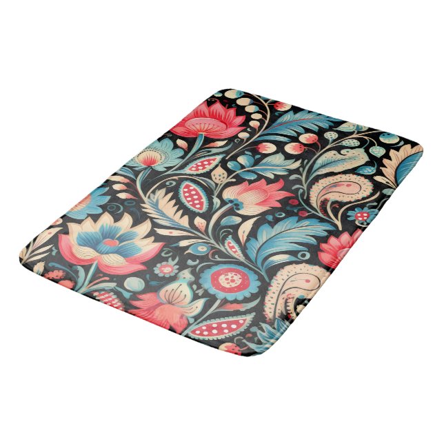 Colourful Blooms and Paisley Patterns on Black Bath Mat (Angled)
