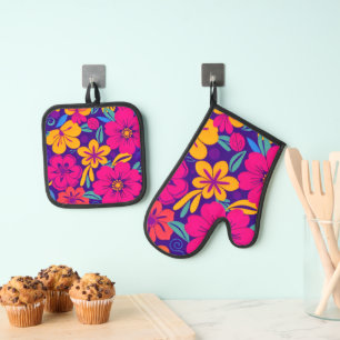 Colourful Blooms-Dopamine Style-Retro Flowers Oven Mitt & Pot Holder Set