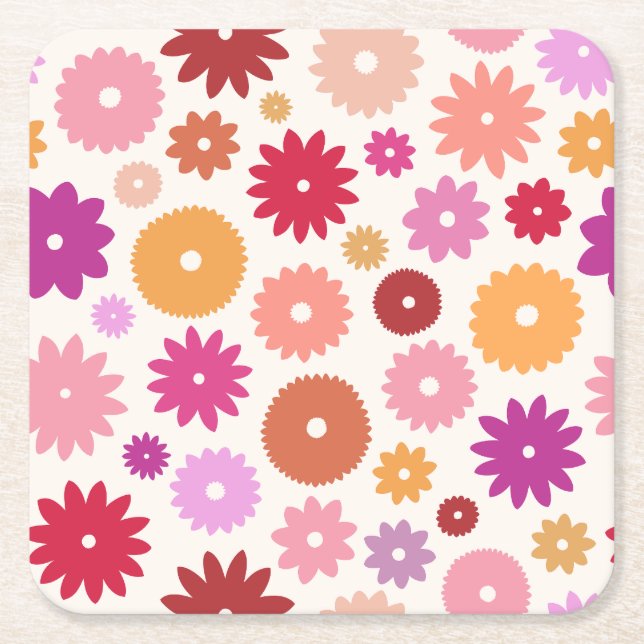 Colourful Blooms Pattern Square Paper Coaster (Front)