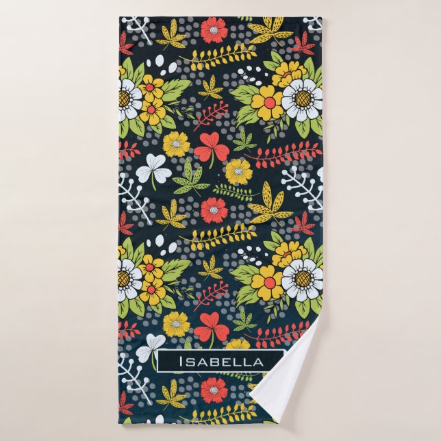 Colourful blossom floral pattern personalised name bath towel (Bath Towel)