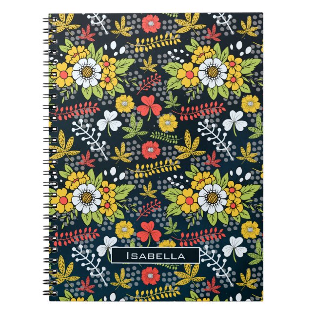 Colourful blossom floral pattern personalised name notebook (Front)