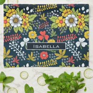 Colourful blossom floral pattern personalised name tea towel
