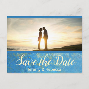 Colourful Blue and Gold Save the Date Postcard
