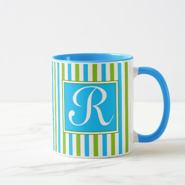 Colourful Blue and Green Stripe Pattern Monogram Mug (Right)