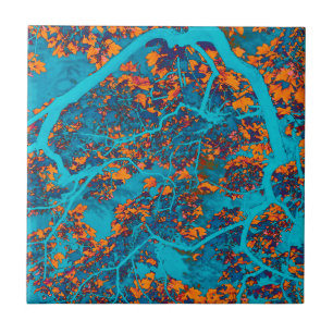 Colourful blue and orange trees ceramic tile