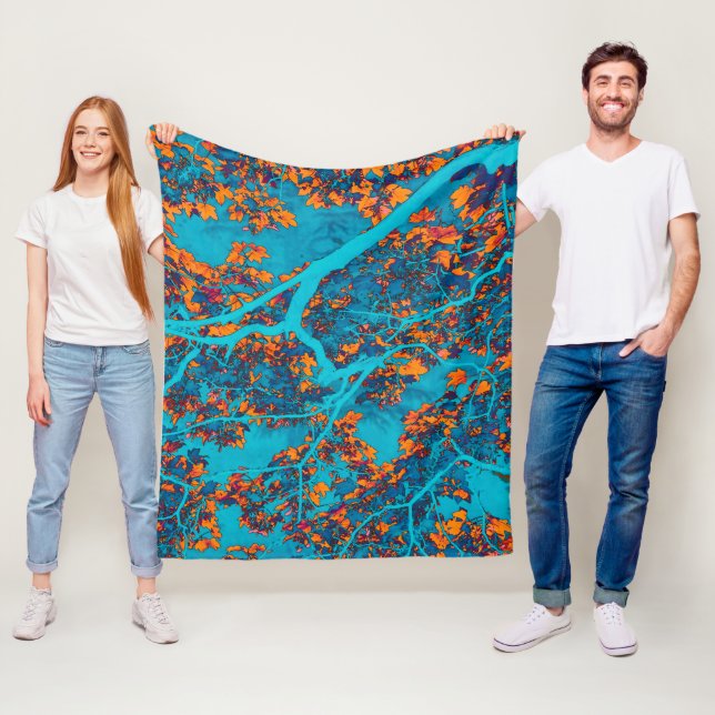 Colourful blue and orange trees fleece blanket (In Situ)