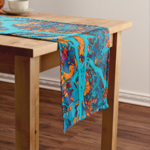 Colourful blue and orange trees short table runner
