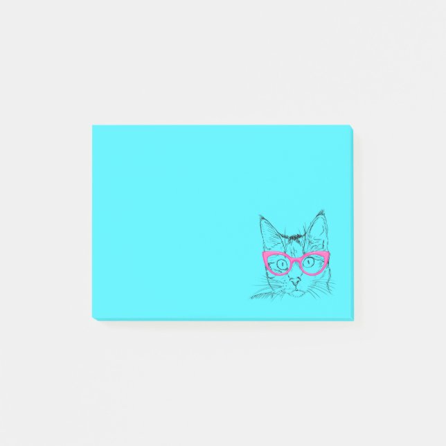 Colourful Blue and Pink Hipster Cat Post-it Notes (Front)