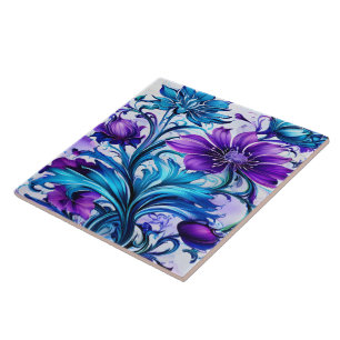 Colourful Blue and Purple Floral Art Ceramic Tile