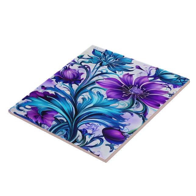 Colourful Blue and Purple Floral Art Ceramic Tile (Side)