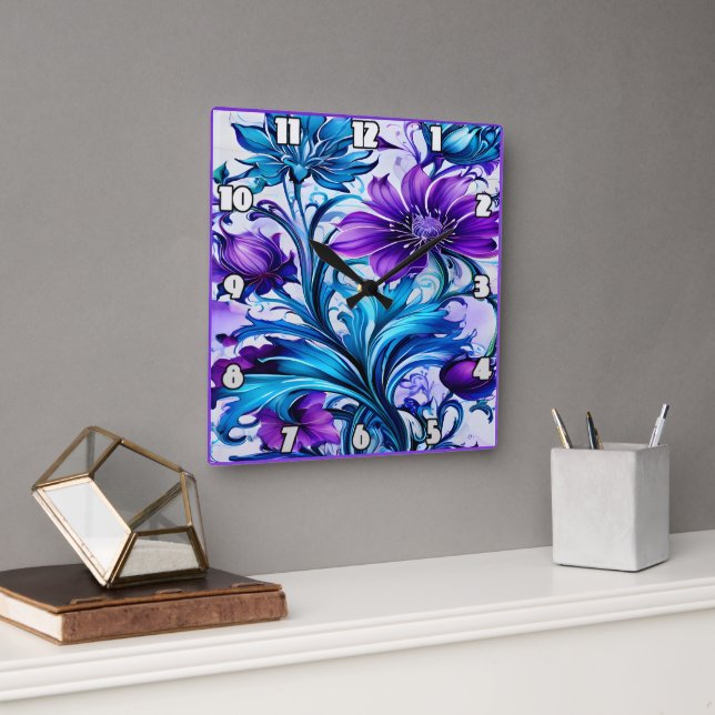 Colourful Blue and Purple Floral Art Square Wall Clock (Office)