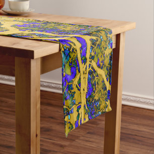 Colourful blue and yellow trees short table runner