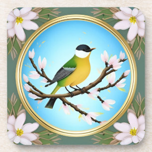 Colourful Blue Bird Perching on a Blossoming Branc Coaster