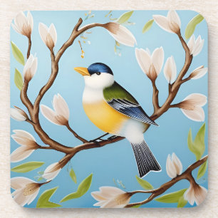 Colourful Blue Bird Perching on a Blossoming Branc Coaster