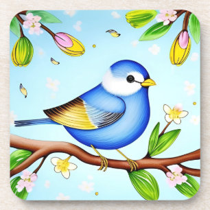 Colourful Blue Bird Perching on a Blossoming Branc Coaster