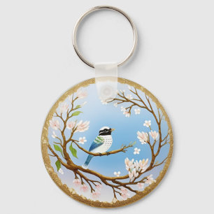 Colourful Blue Bird Perching on a Blossoming Branc Key Ring