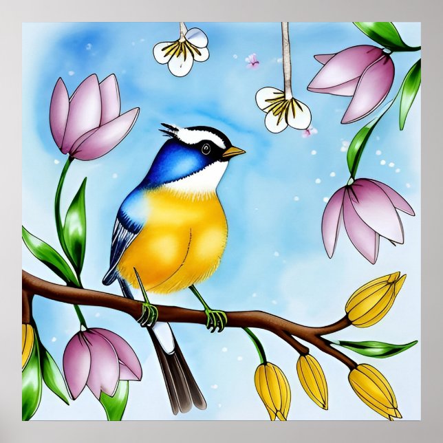 Colourful Blue Bird Perching on a Blossoming Branc Poster (Front)