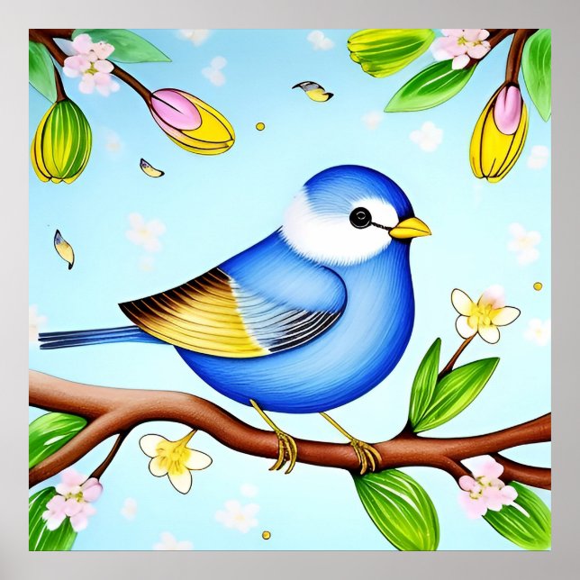 Colourful Blue Bird Perching on a Blossoming Branc Poster (Front)