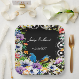 Colourful Blue Birds And Botanical Floral Paper Plate