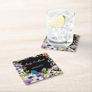 Colourful Blue Birds And Botanical Floral Square Paper Coaster
