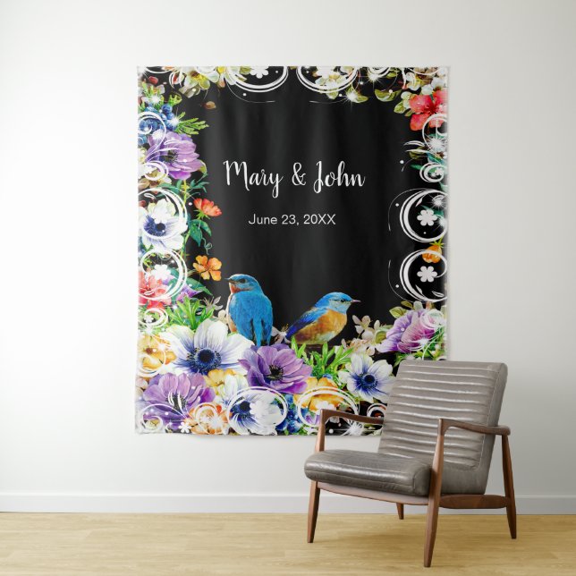 Colourful Blue Birds And Botanical Photo Backdrop Tapestry (In Situ)