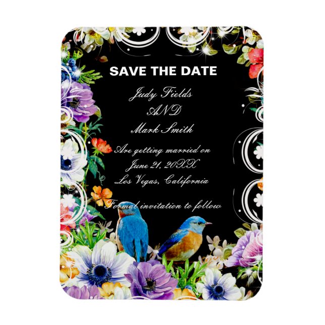 Colourful Blue Birds And Botanical Save The Date Magnet (Vertical)