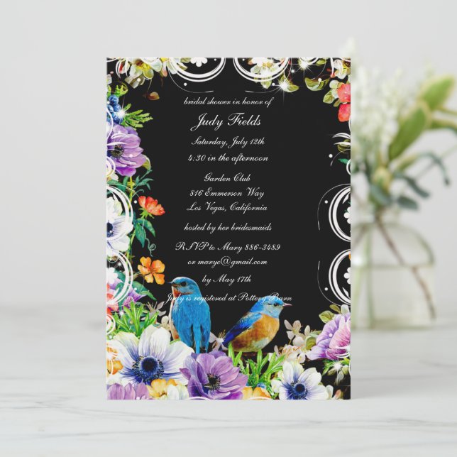 Colourful Blue Birds Botanical Floral Bridal Showe Invitation (Standing Front)