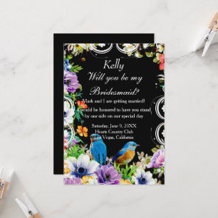 Colourful Blue Birds & Botanical Floral Bridesmaid Invitation