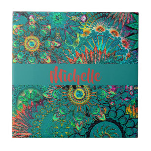 Colourful Blue Boheminan Boho Hippie Pattern Retro Ceramic Tile