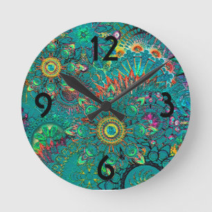 Colourful Blue Boheminan Boho Hippie Pattern Retro Round Clock
