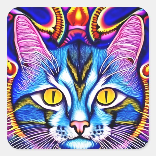 Colourful Blue Cat with Fierce Eyes Ai Art Square Sticker (Front)