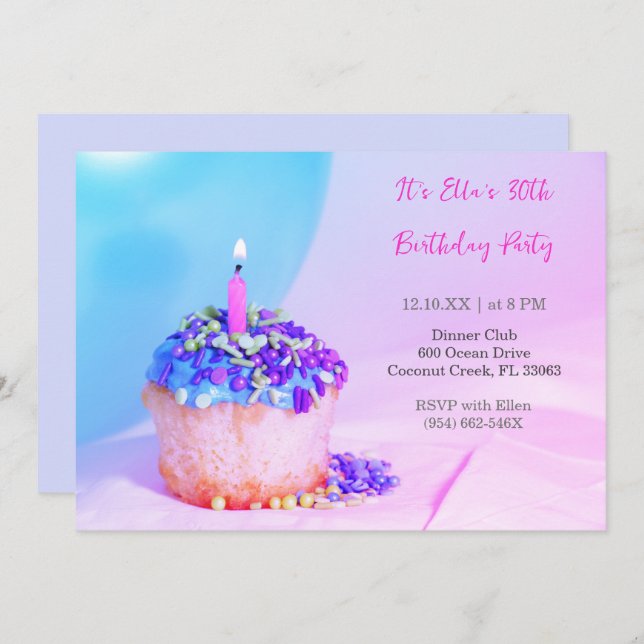 Colourful Blue Cupcake Colourful 30th birthday  Invitation (Front/Back)