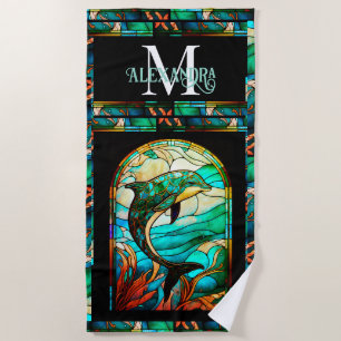 Colourful Blue Dolphin Look of Stained Glass Beach Towel
