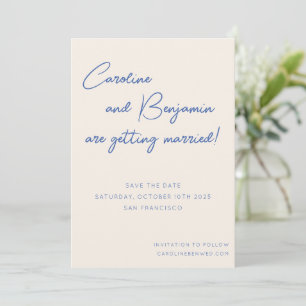 Colourful Blue Ecru Script Handwriting Wedding Save The Date