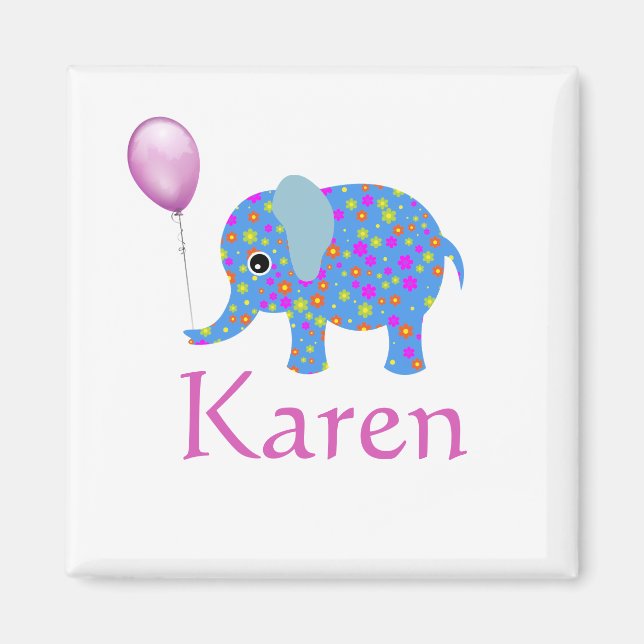 Colourful Blue Elephant | Purple Balloon and Name Magnet (Front)