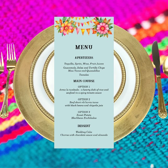 Colourful Blue Floral Fiesta Mexican Wedding Menu (Creator Uploaded)