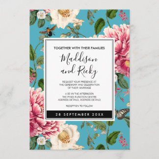 Colourful Blue Floral Garden Wedding Invitation