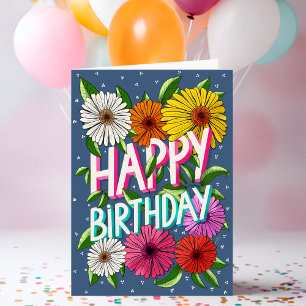 Colourful Blue Floral Personalised Happy Birthday Card