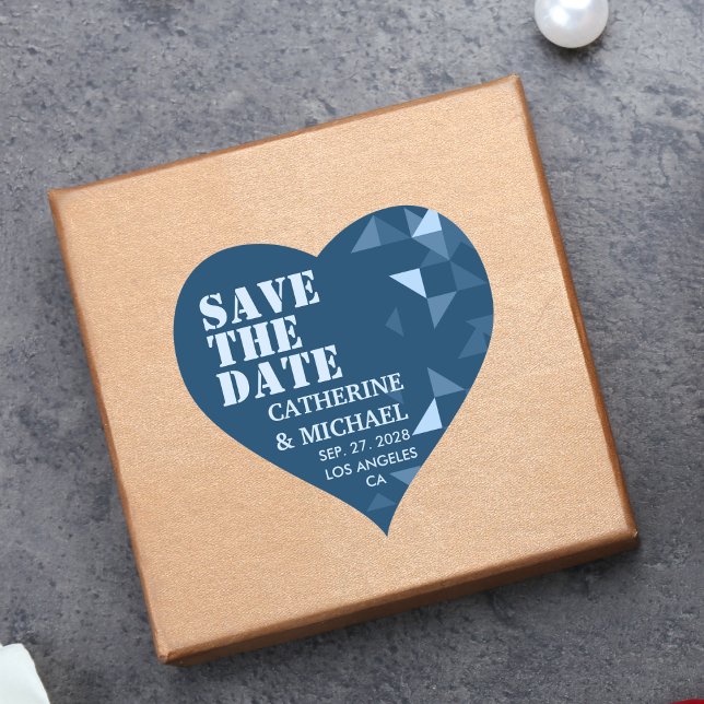 Colourful Blue Geometric Wedding Save The Date Heart Sticker (Creator Uploaded)