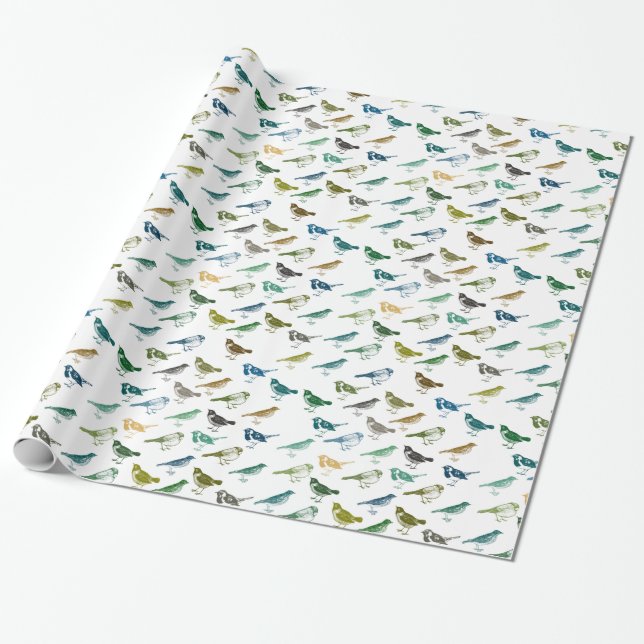 Colourful Blue Green Brown Birds Birthday Wrapping Paper (Unrolled)