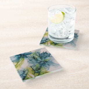 Colourful Blue Green Floral Abstract Art Glass Coaster