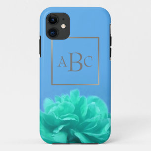 Colourful Blue Green Floral Custom Silver Initial iPhone 11 Case
