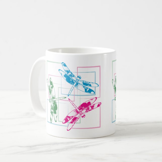  Colourful Blue Green Pink Dragonflies Coffee Mug (Front Left)